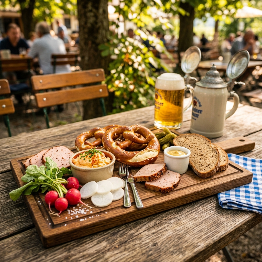 Bayerische Brotzeit im Biergarten mit Brezen, Obatzda, Radieschen und Leberkäse