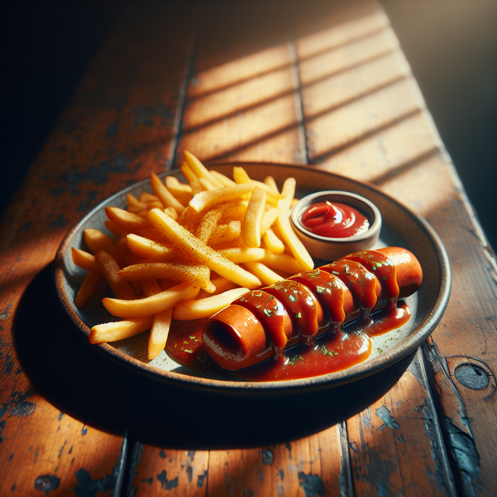Berliner Currywurst mit hausgemachter Soße und Pommes