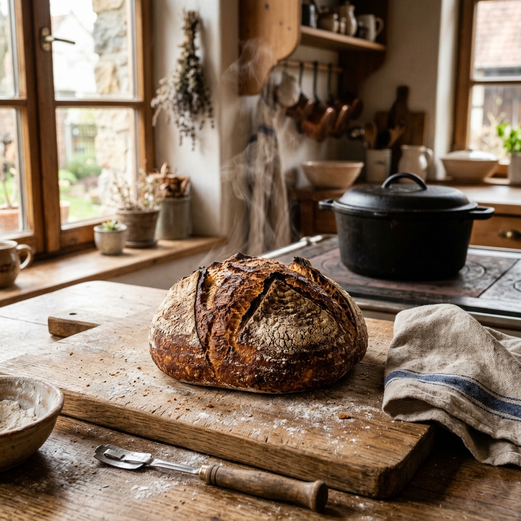 Frisch gebackenes Sauerteigbrot auf einem Holzbrett