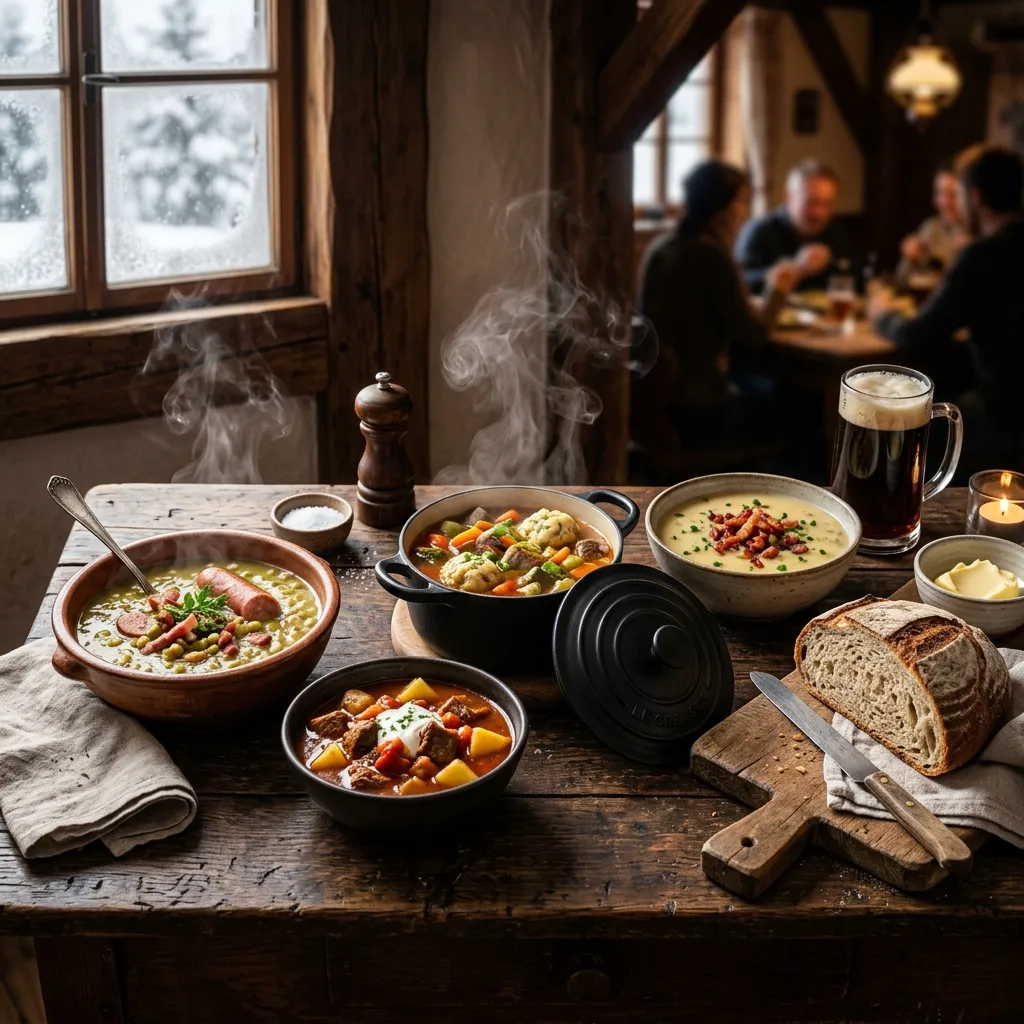Dampfende Suppenschüssel mit herzhafter Suppe — deutsche Hausmannskost vom Feinsten