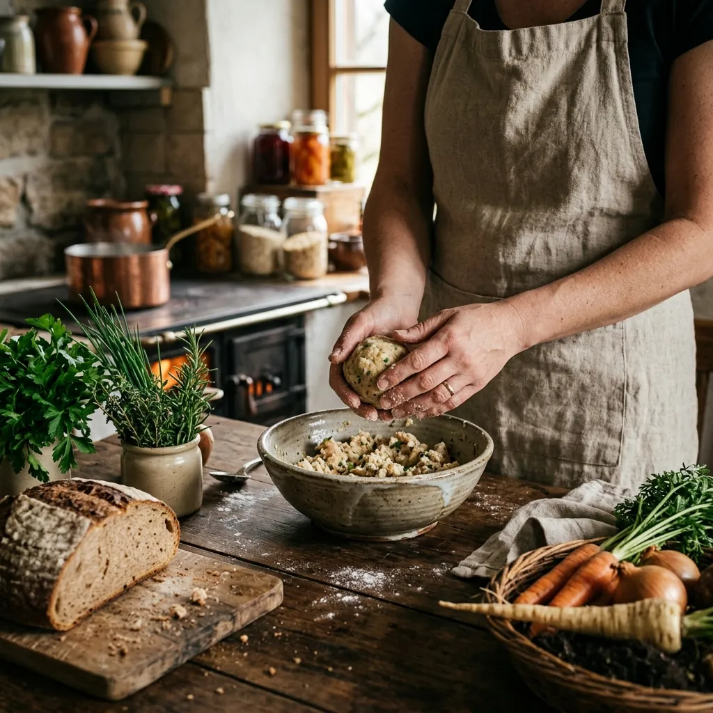 Rustikale Küchenszene mit Brotresten und Gemüsen