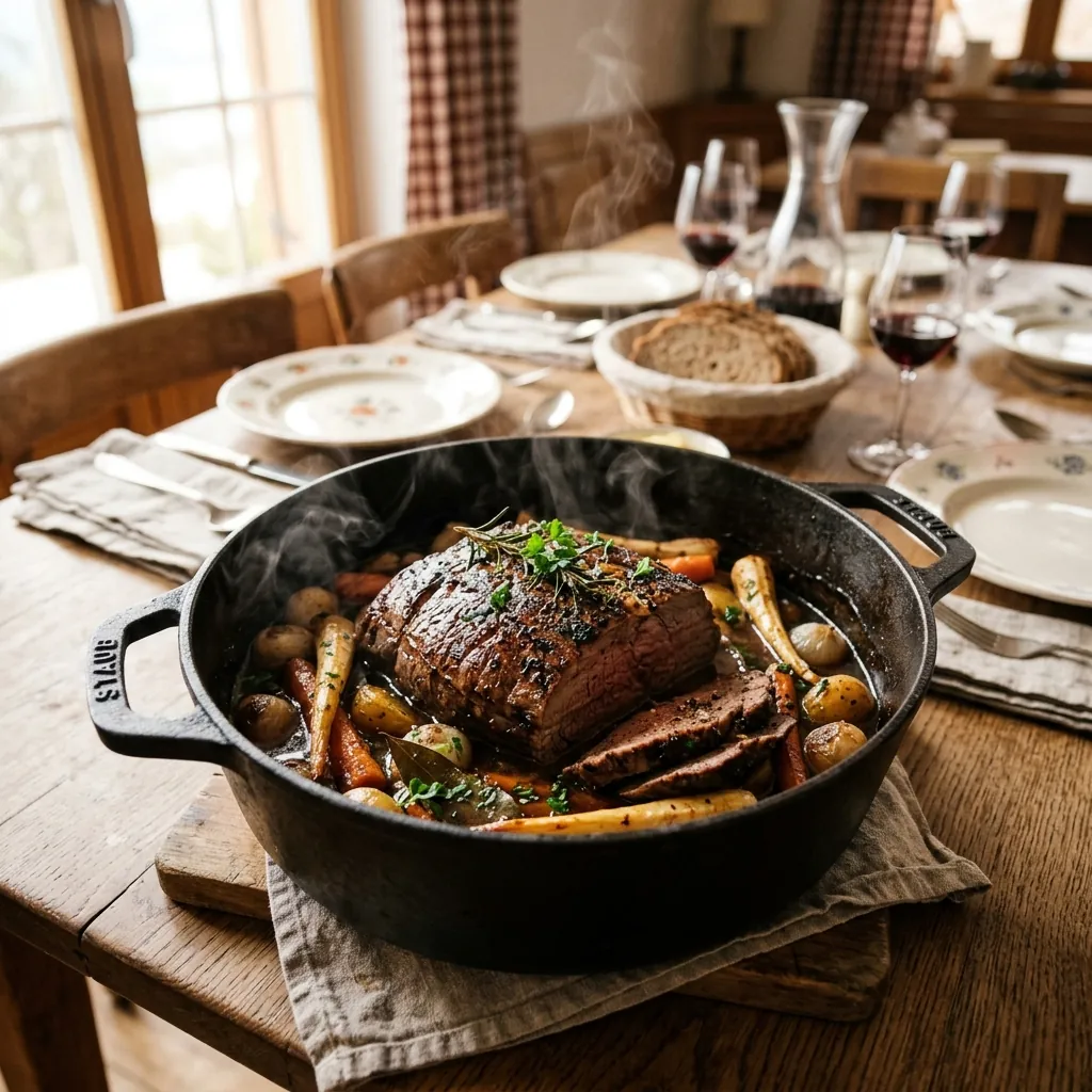 Dampfender Sonntagsbraten im Gusseisentopf auf gedecktem Tisch