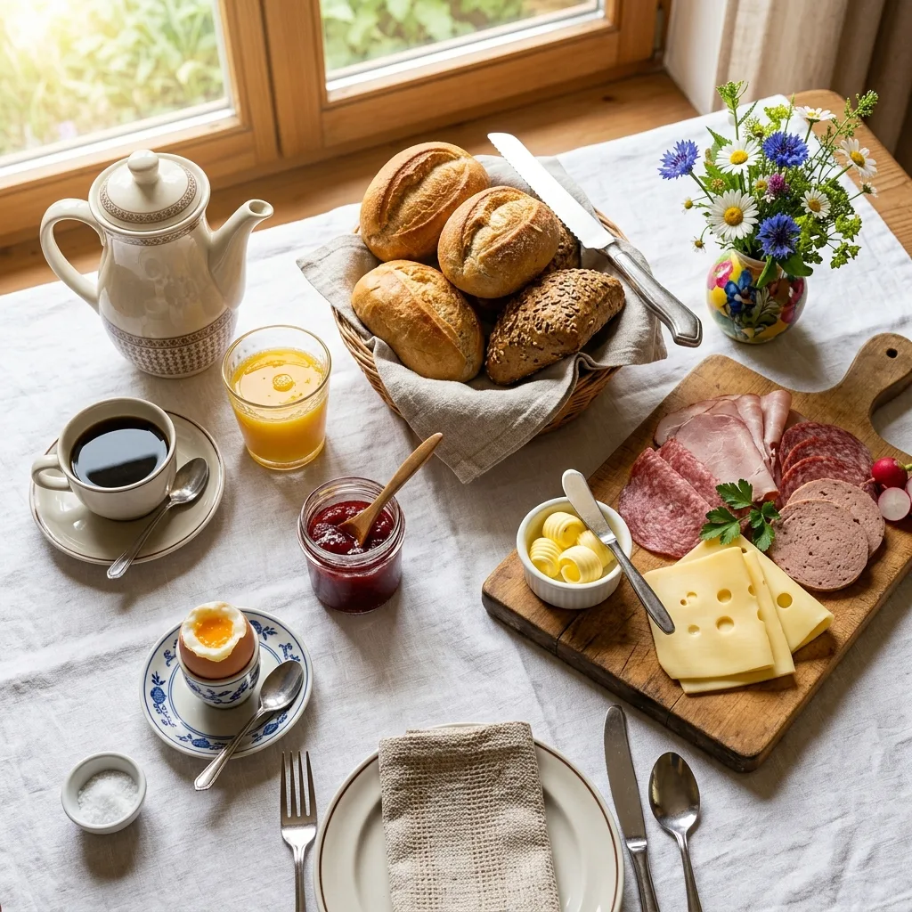 Traditioneller deutscher Sonntagsfrühstückstisch mit Brötchen, Ei und Aufschnitt