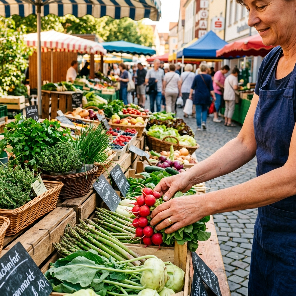 Buntes Treiben auf einem deutschen Wochenmarkt