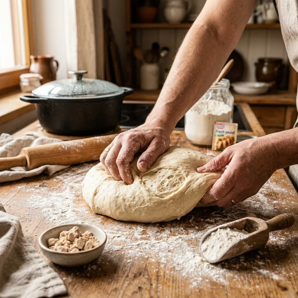 Dampfnudeln Schritt 1: Hefeteig kneten und vorbereiten auf bemehlter Arbeitsfläche