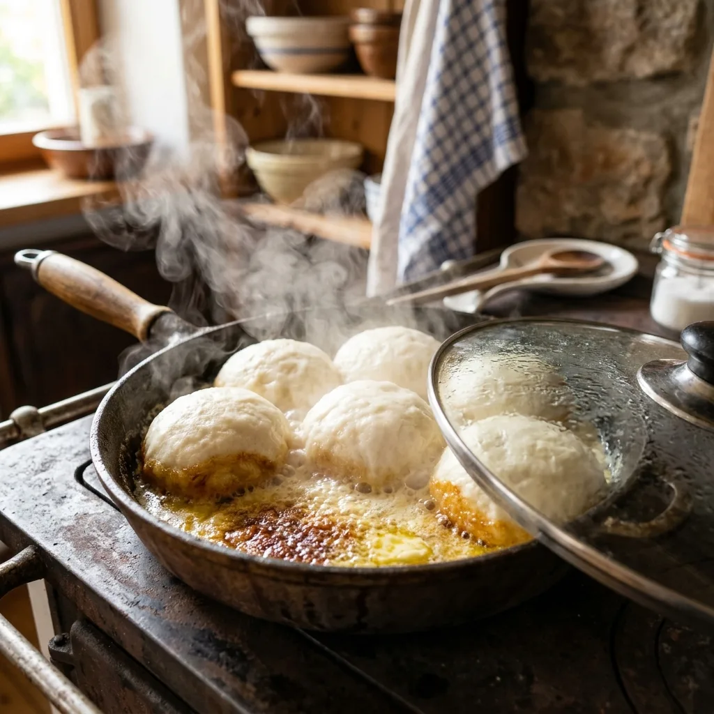 Dampfnudeln Schritt 3: Dämpfen in der Pfanne mit Butter und Milch