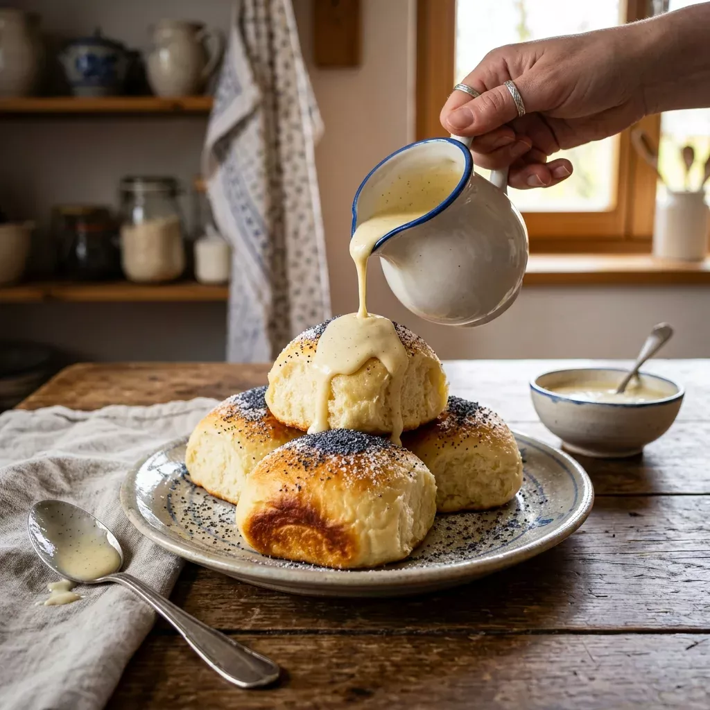 Dampfnudeln Schritt 4: Fertige Dampfnudeln mit Vanillesoße servieren