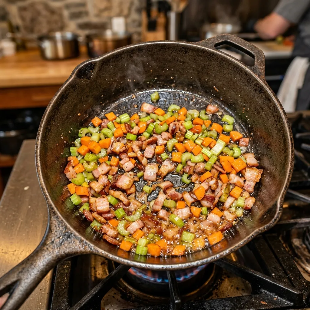 Speck anbraten und Gemüse zugeben