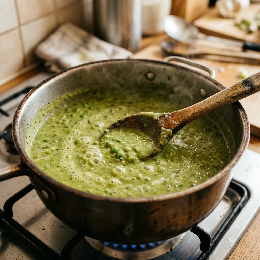 Erbsensuppe köcheln lassen bis cremige Konsistenz