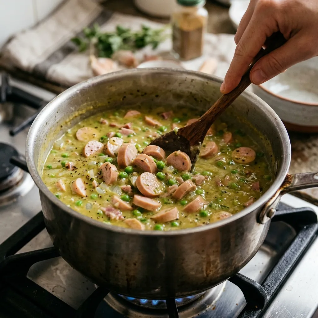Fertige Erbsensuppe mit Würstchen servierfertig angerichtet
