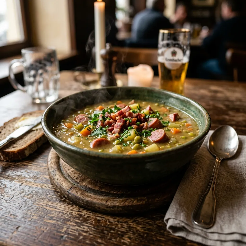 Traditionelle Erbsensuppe mit Speck und Würstchen — cremige deutsche Hausmannskost, dampfend heiß serviert