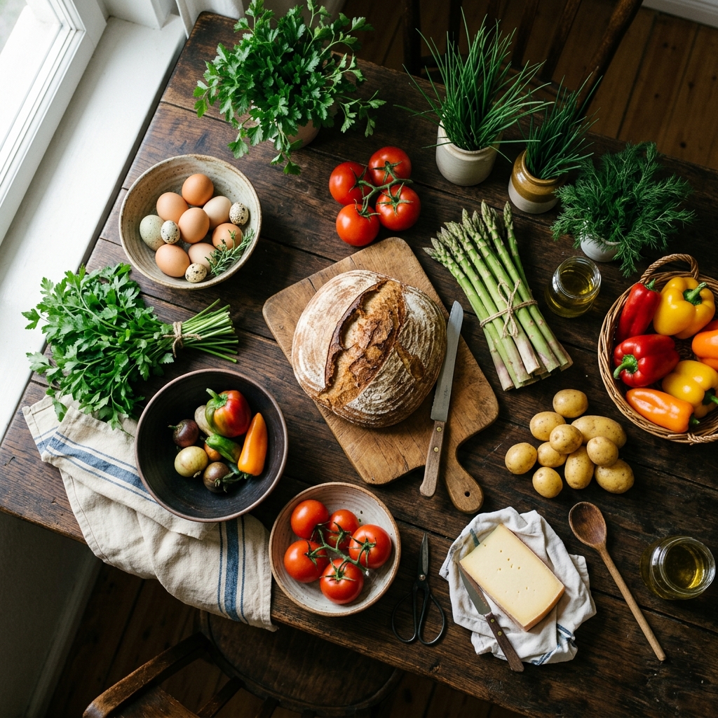 Eine helle, moderne deutsche Küche mit frischen saisonalen Zutaten auf einem Holztisch