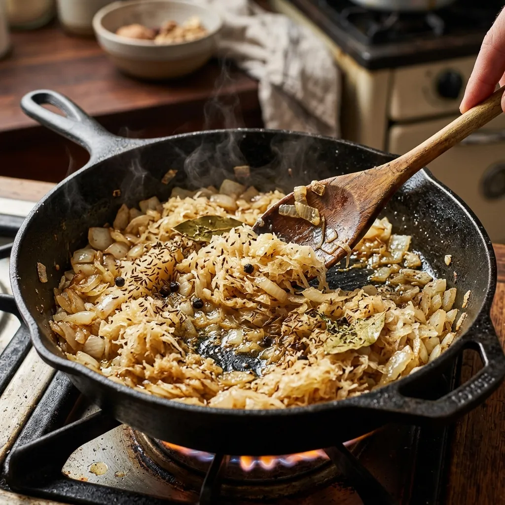 Zwiebeln dünsten und Sauerkraut zugeben