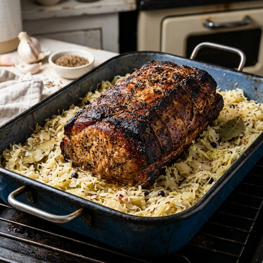 Kasseler auf dem Sauerkraut im Bräter schmoren