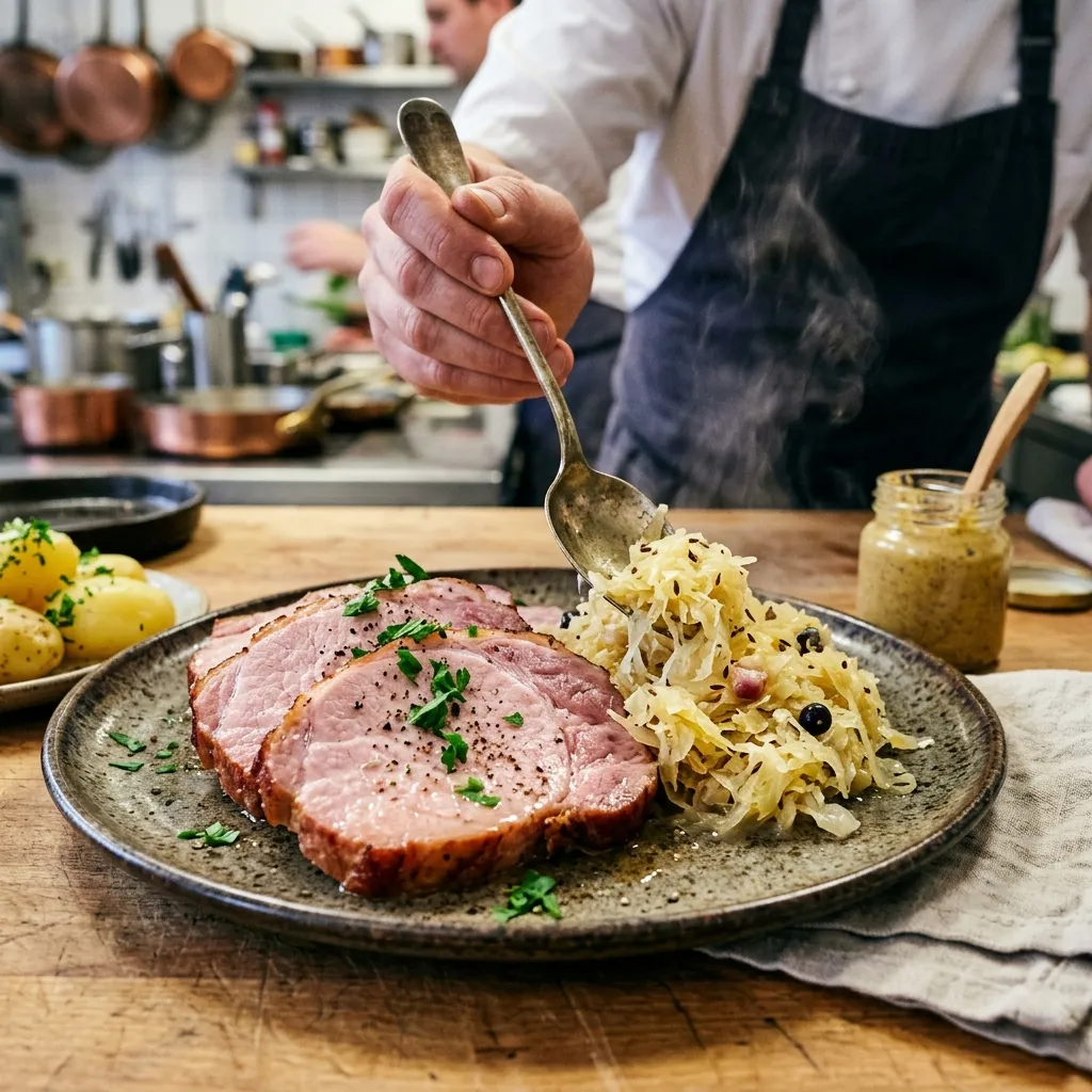Fertig geschmorter Kasseler mit Sauerkraut servierfertig angerichtet