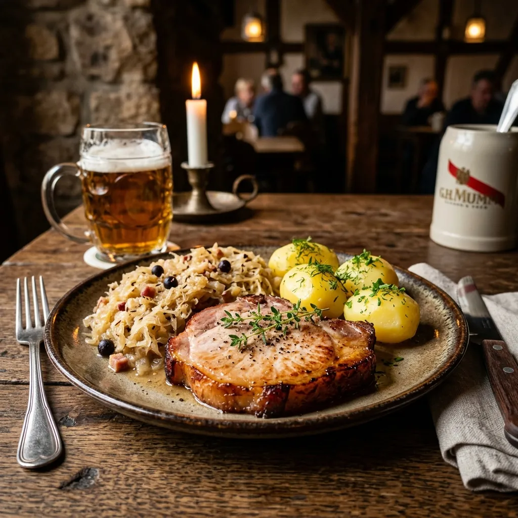 Kasseler Rippenspeer mit Sauerkraut — saftiges gepökeltes Schweinefleisch auf würzigem Sauerkraut, klassische deutsche Hausmannskost