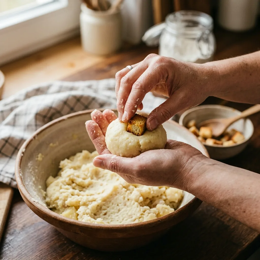 Klöße formen mit Crouton-Füllung