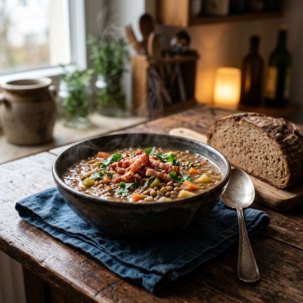 Deftige Linsensuppe mit Speck und Wurzelgemüse