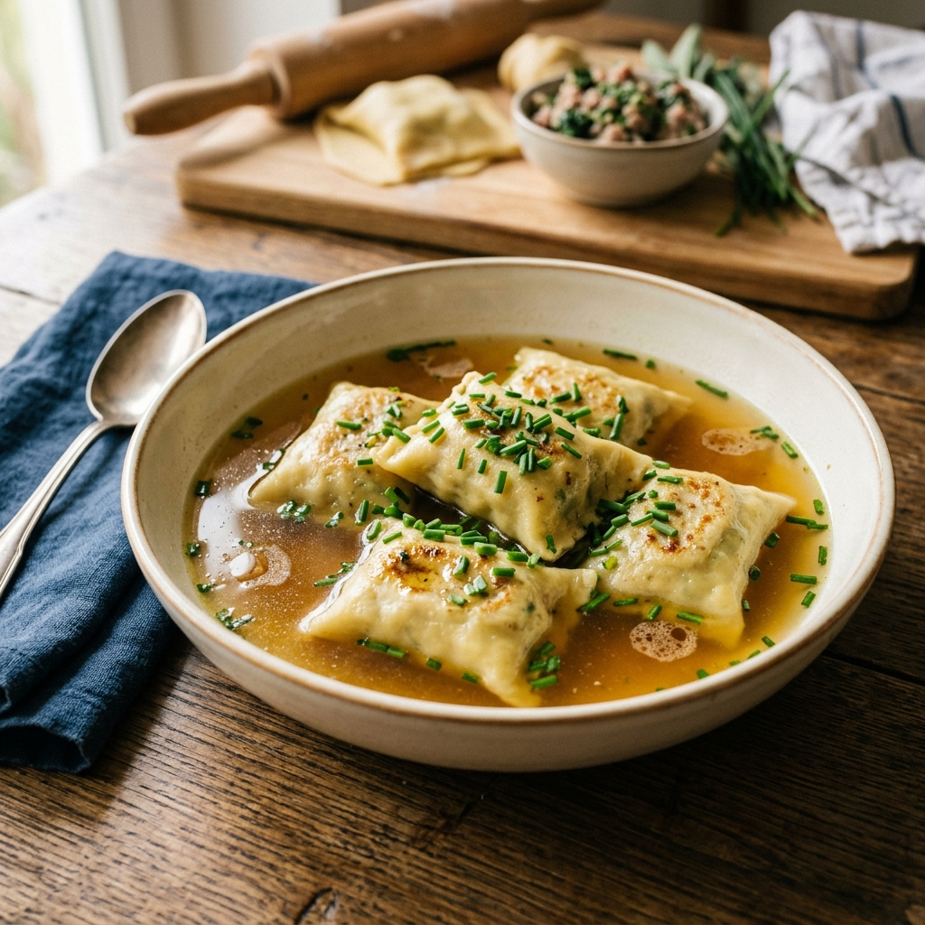 Schwäbische Maultaschen in goldener Brühe mit frischen Kräutern
