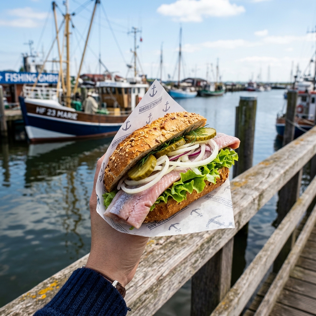 Norddeutsches Fischbrötchen mit Matjes am Hafen mit Fischerbooten