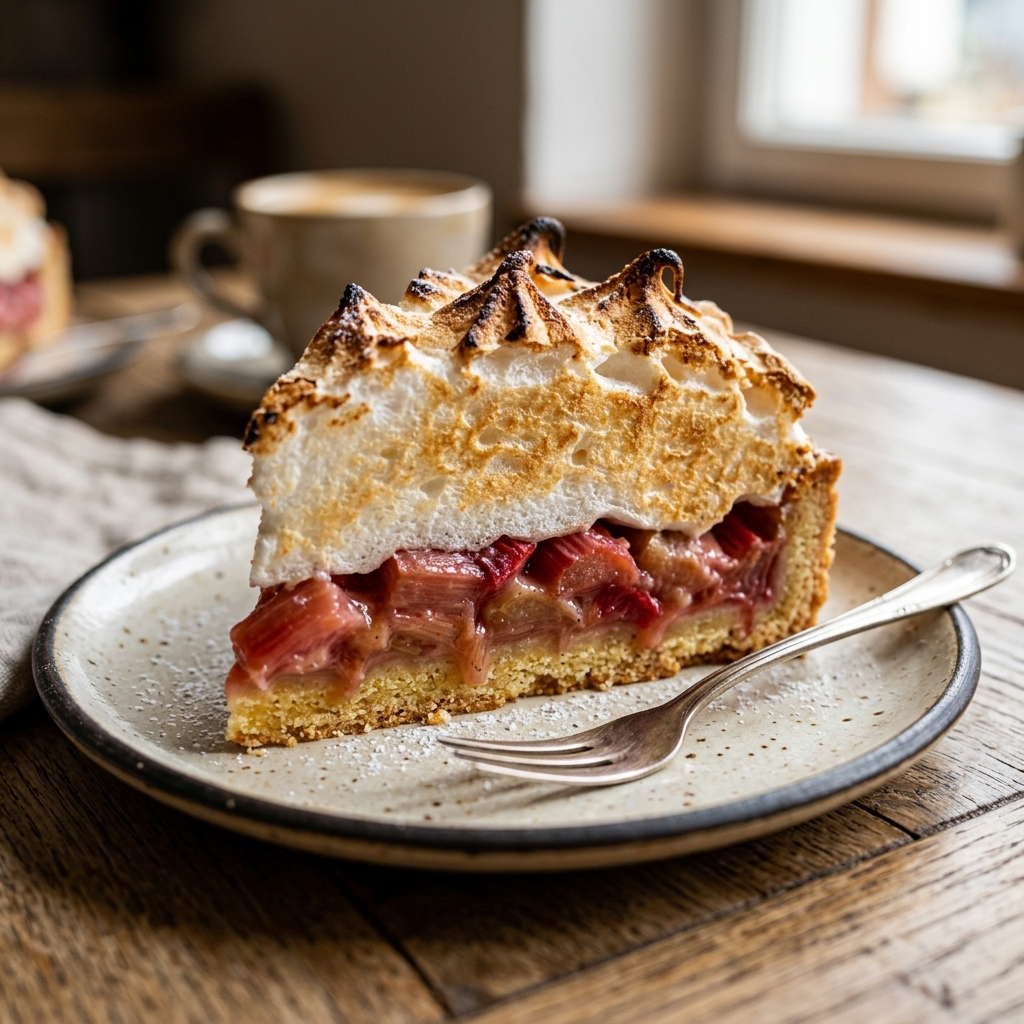 Rhabarber-Baiser-Kuchen mit goldener Baiserhaube