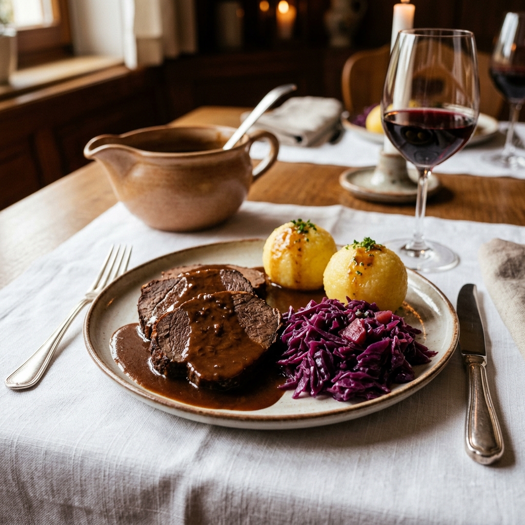 Rheinischer Sauerbraten mit Rotkohl und goldenen Kartoffelklößen