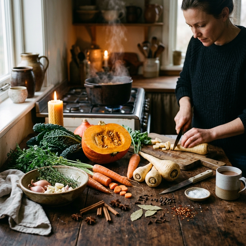 Winterliches Gemüse auf rustikalem Holztisch