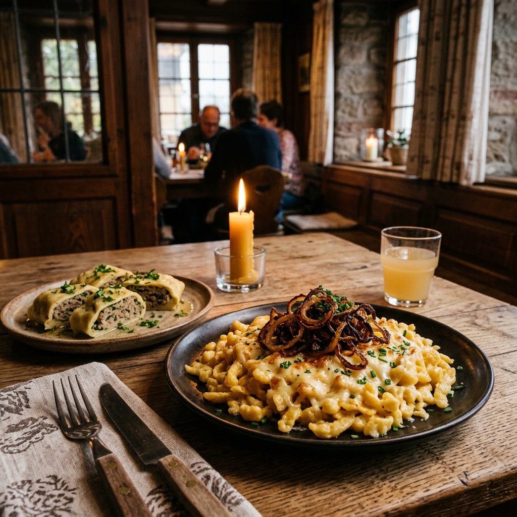 Schwäbische Käsespätzle mit Röstzwiebeln und Maultaschen in einem traditionellen Gasthaus