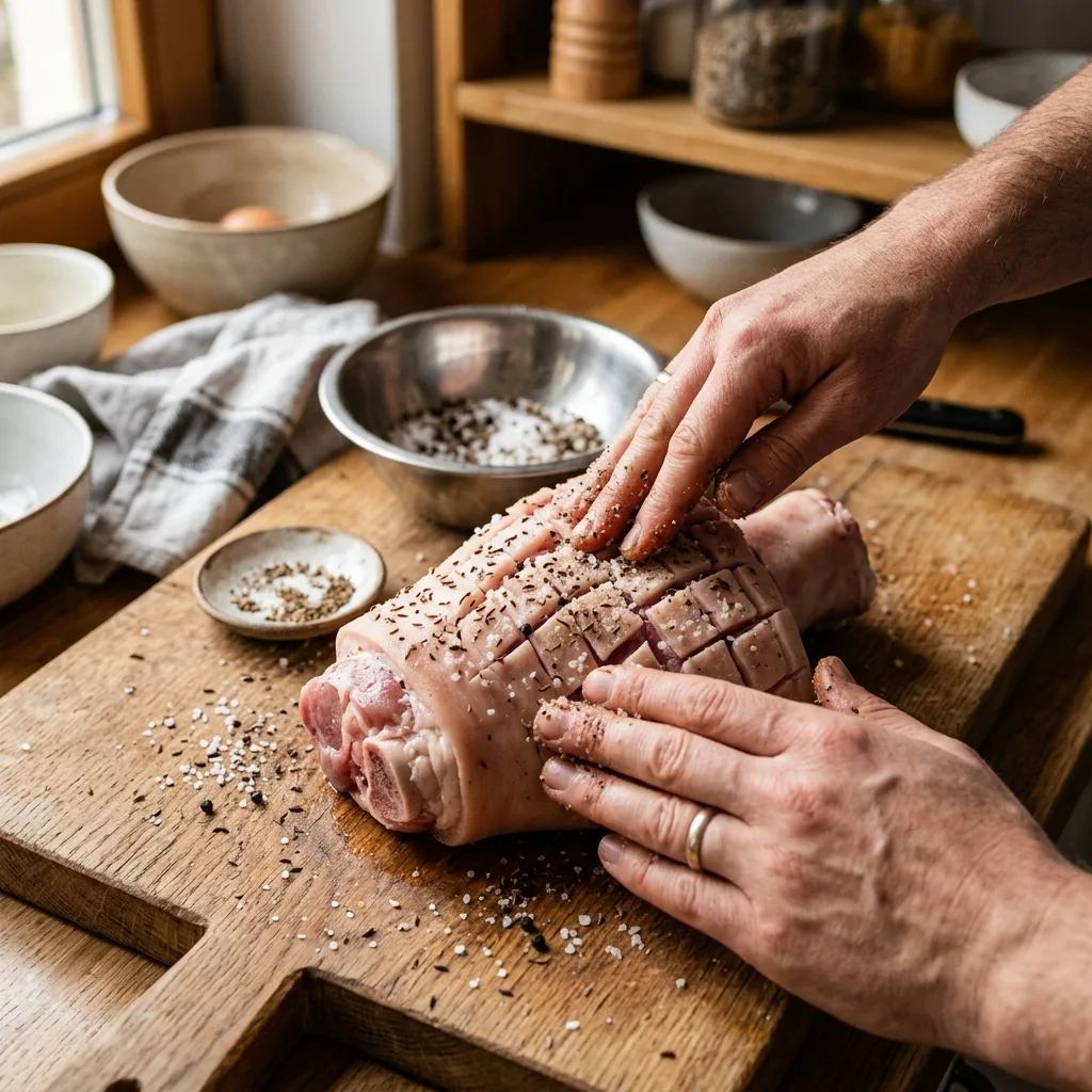 Schweinshaxe Schwarte einschneiden und mit Kümmel würzen