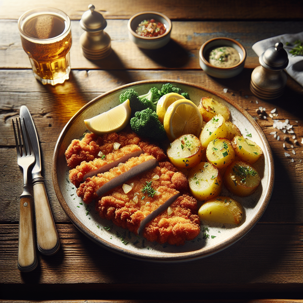 Goldbraun paniertes Wiener Schnitzel mit Zitrone und Petersilienkartoffeln