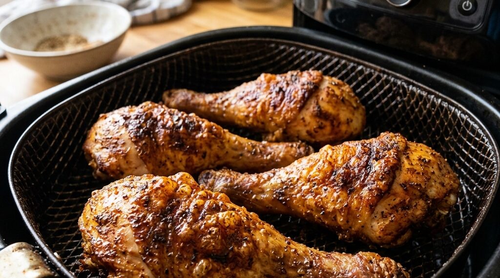 Knusprig gebratene Haehnchenschenkel aus der Heissluftfritteuse