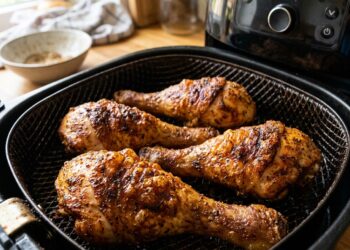 Knusprig gebratene Haehnchenschenkel aus der Heissluftfritteuse