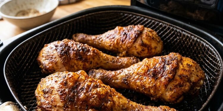 Knusprig gebratene Haehnchenschenkel aus der Heissluftfritteuse