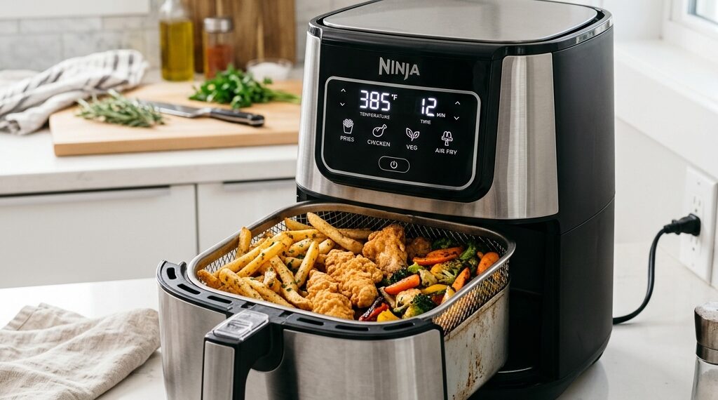 Heissluftfritteuse mit Temperaturanzeige und verschiedenen perfekt gegarten Speisen