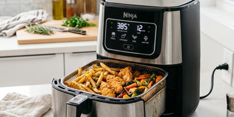 Heissluftfritteuse mit Temperaturanzeige und verschiedenen perfekt gegarten Speisen