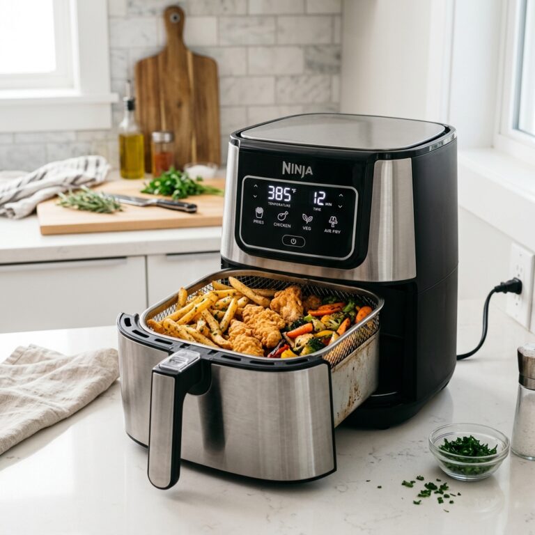 Heissluftfritteuse mit Temperaturanzeige und verschiedenen perfekt gegarten Speisen