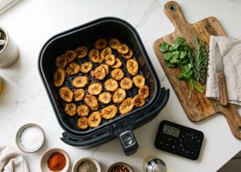Offene Heissluftfritteuse mit Gewuerzen und Kraeutern fuer Grundlagen und Tipps