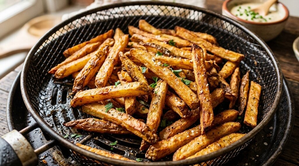 Knusprige goldene Pommes frites aus der Heissluftfritteuse, Nahaufnahme