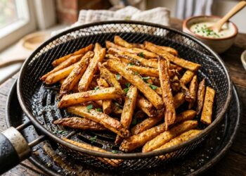 Knusprige goldene Pommes frites aus der Heissluftfritteuse, Nahaufnahme