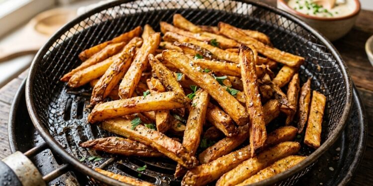 Knusprige goldene Pommes frites aus der Heissluftfritteuse, Nahaufnahme