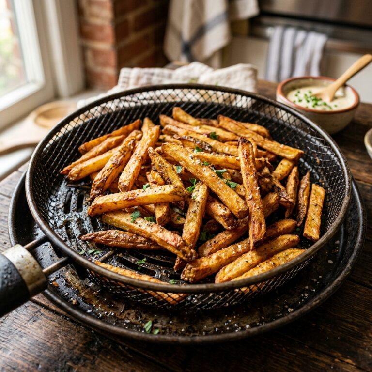 Knusprige goldene Pommes frites aus der Heissluftfritteuse, Nahaufnahme