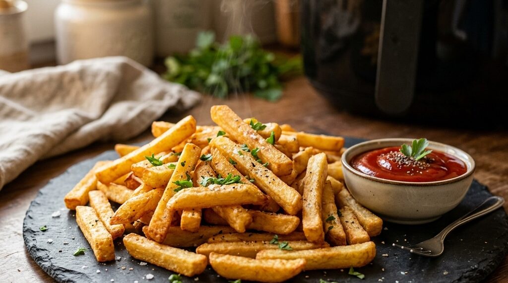 Knusprige TK-Pommes auf dunklem Schieferteller mit Ketchup