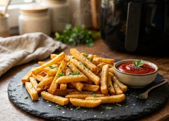 Knusprige TK-Pommes auf dunklem Schieferteller mit Ketchup