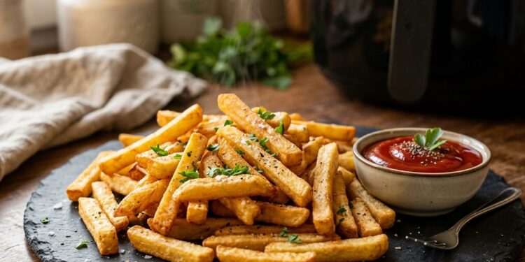 Knusprige TK-Pommes auf dunklem Schieferteller mit Ketchup