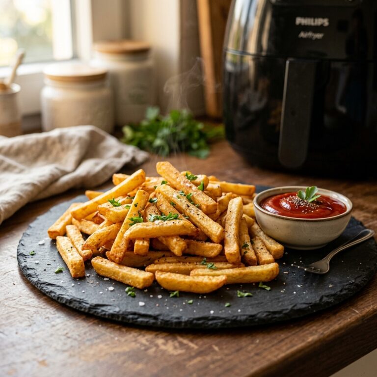 Knusprige TK-Pommes auf dunklem Schieferteller mit Ketchup